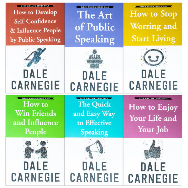 Six Dale Carnegie personal development paperback books laid out, including How To Stop Worrying And Start Living and The Quick And Easy Way To Effective Speaking