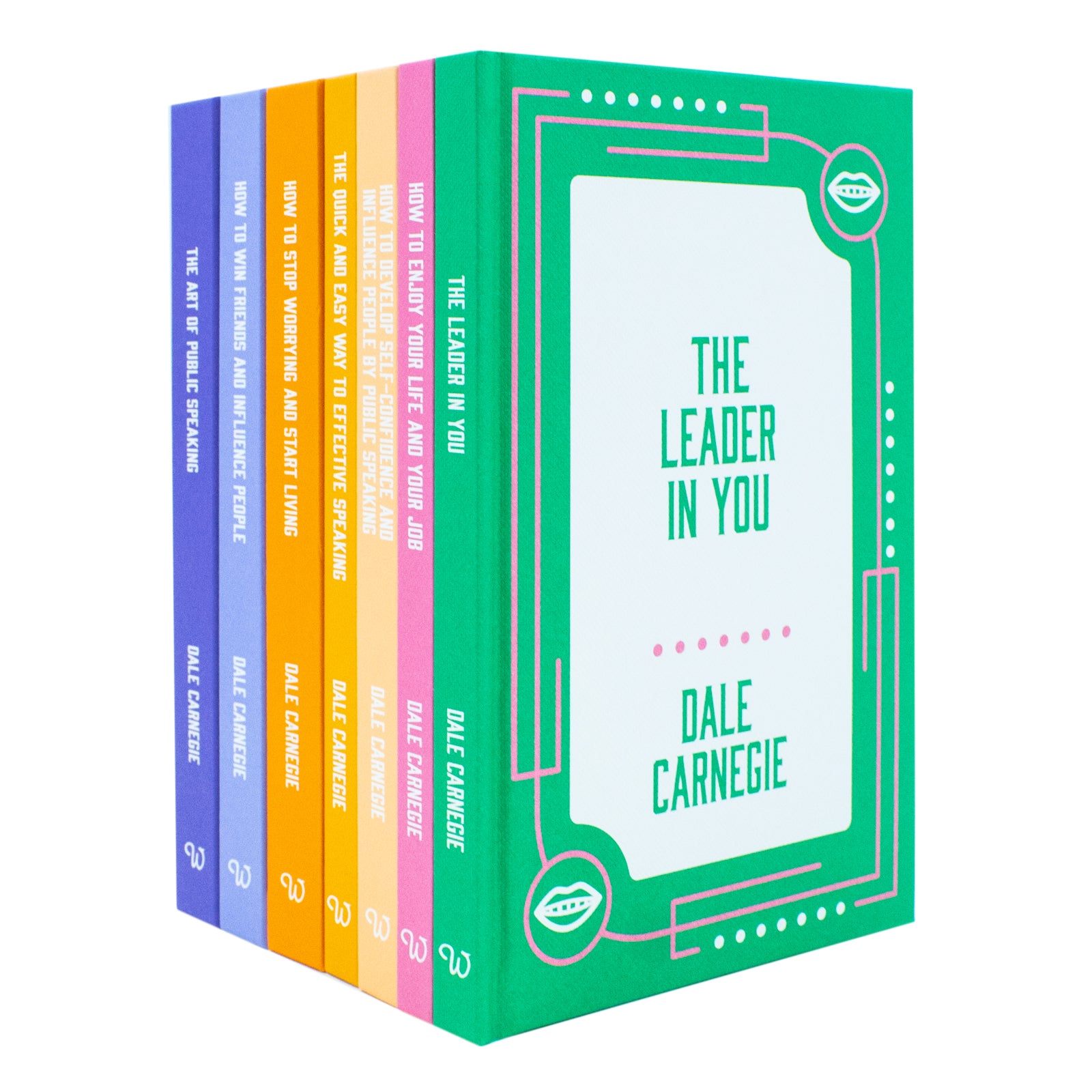 Close up of Dale Carnegie hardback book collection spines and titles