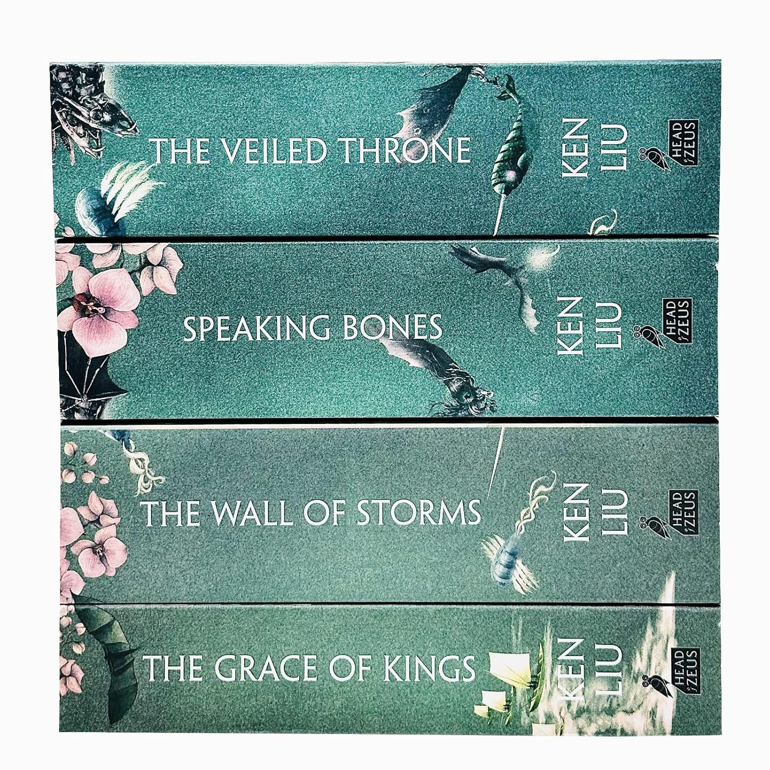 Stack of The Dandelion Dynasty 4 book paperback set by Ken Liu showing all four titles