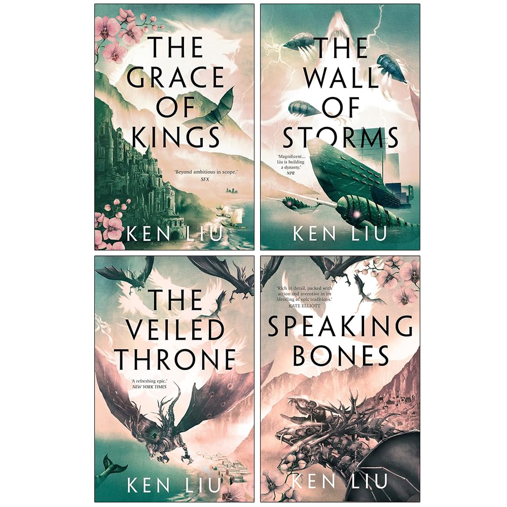 Paperback spines of The Dandelion Dynasty 4 book collection set by Ken Liu, epic silkpunk fantasy series
