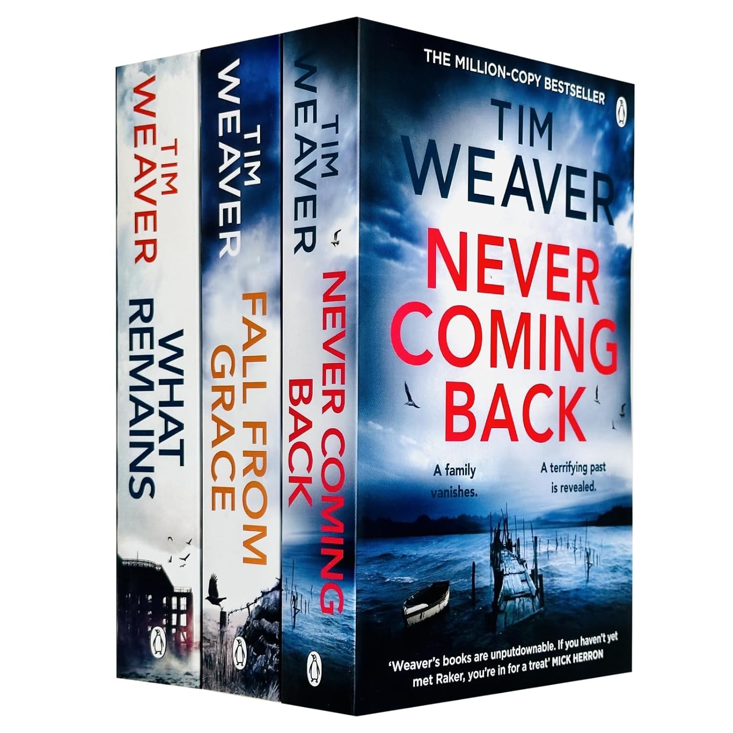 David Raker Series 4-6 by Tim Weaver 3 book paperback collection - Never Coming Back, Fall From Grace, What Remains - front cover