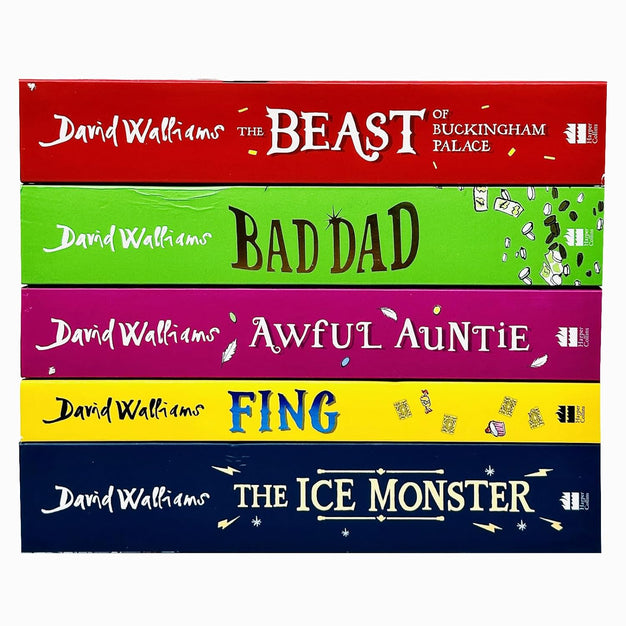 David Walliams 5 Book Set cover artwork showing Fing, The Ice Monster, Bad Dad, Awful Auntie and The Beast of Buckingham Palace paperbacks