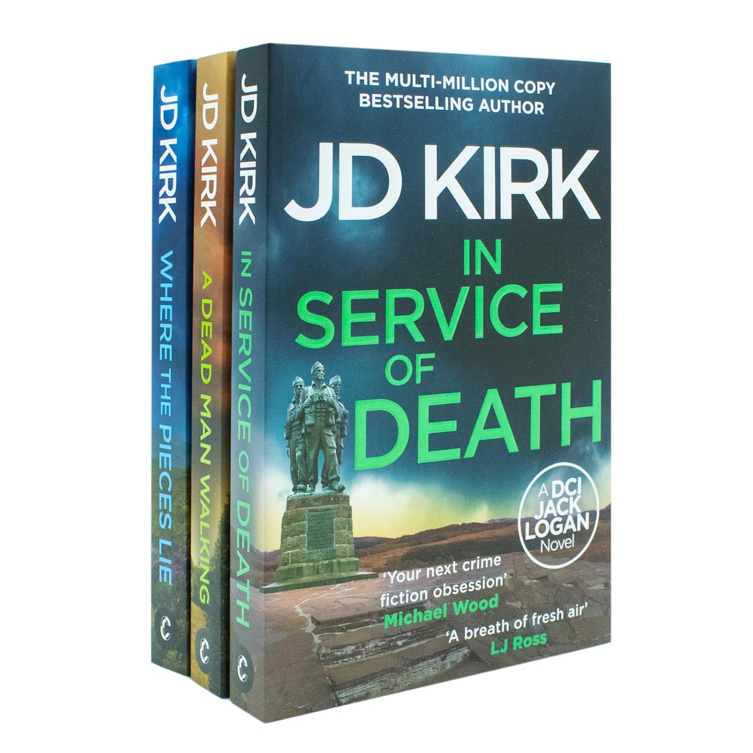 DCI Logan Crime Thrillers 3 Book Set by JD Kirk - paperback crime fiction bundle including In Service of Death, A Dead Man Walking and Where the Pieces Lie