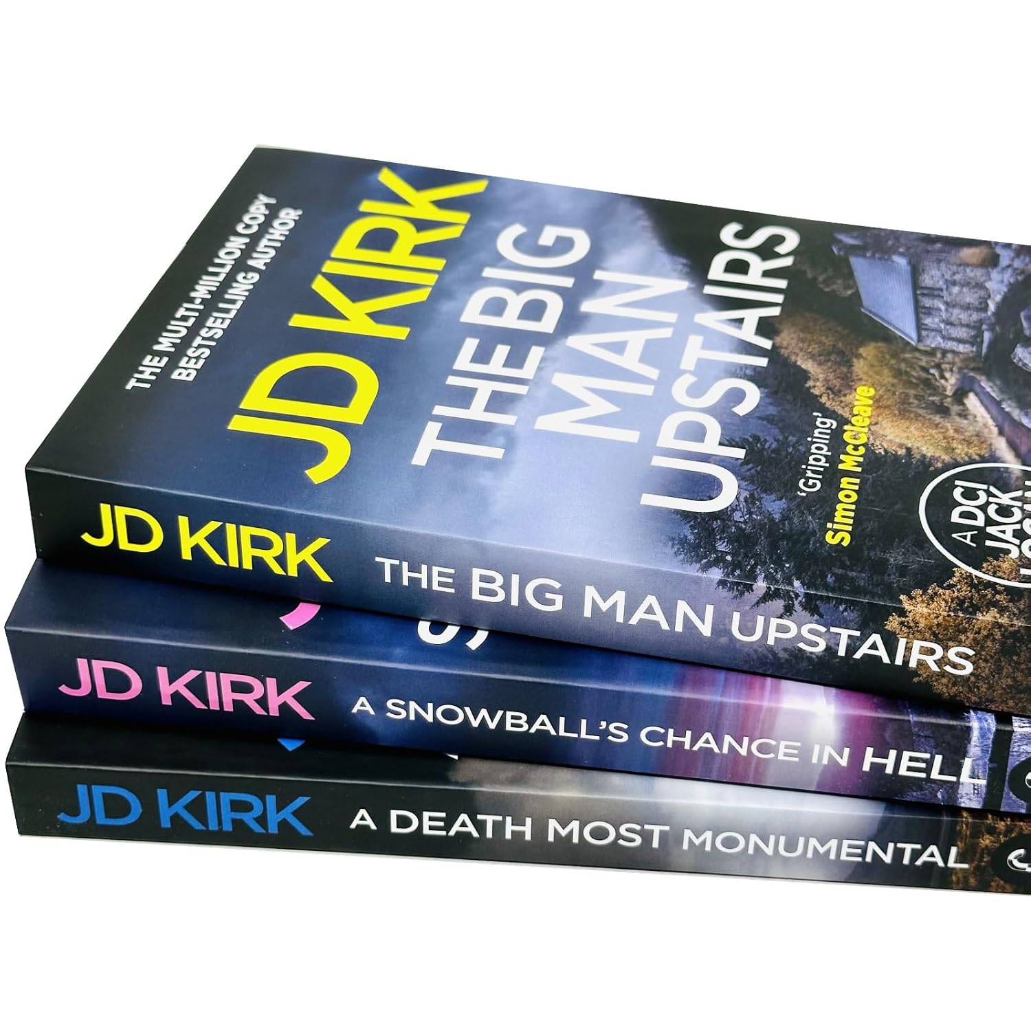 DCI Logan Crime Thrillers 7-9 paperback set by JD Kirk showing The Big Man Upstairs, A Death Most Monumental and A Snowball's Chance in Hell