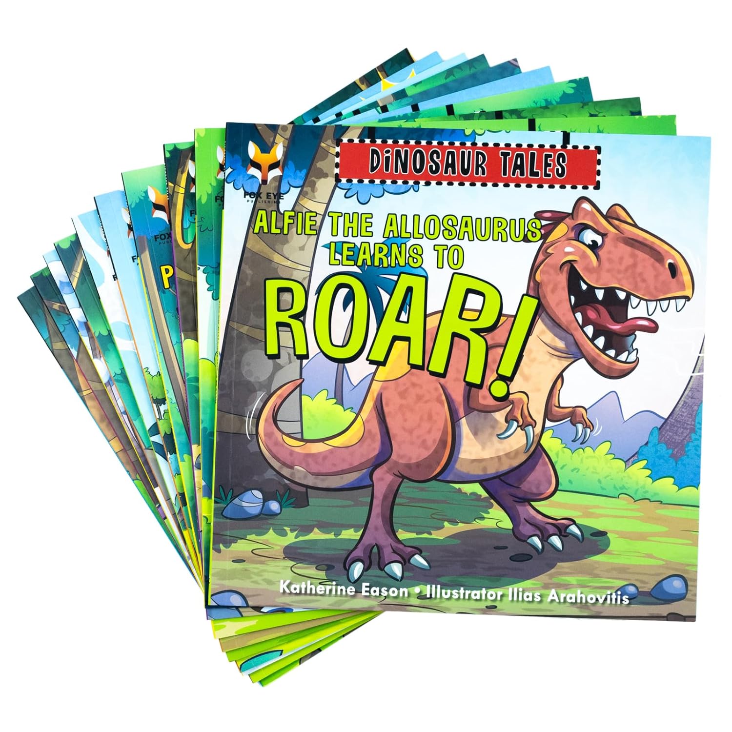 Dinosaur Tales 10 book paperback collection set spread showing dinosaur characters