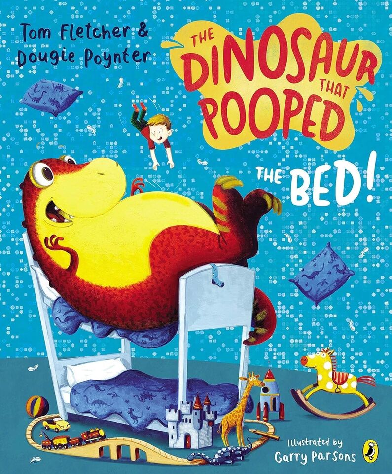Paperback covers from the Dinosaur that Pooped 6 book collection set by Tom Fletcher, a funny rhyming picture book series for children aged 5-7