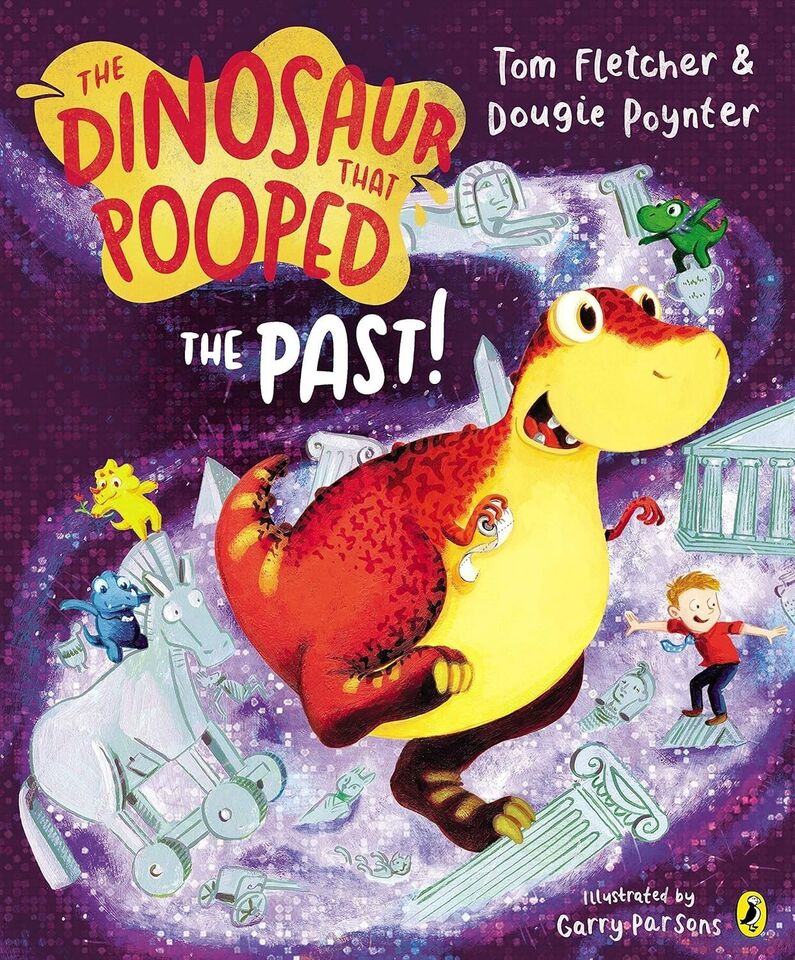 Close-up of the Dinosaur that Pooped paperback books by Tom Fletcher and Dougie Poynter, part of the 6 book collection set for ages 5-7