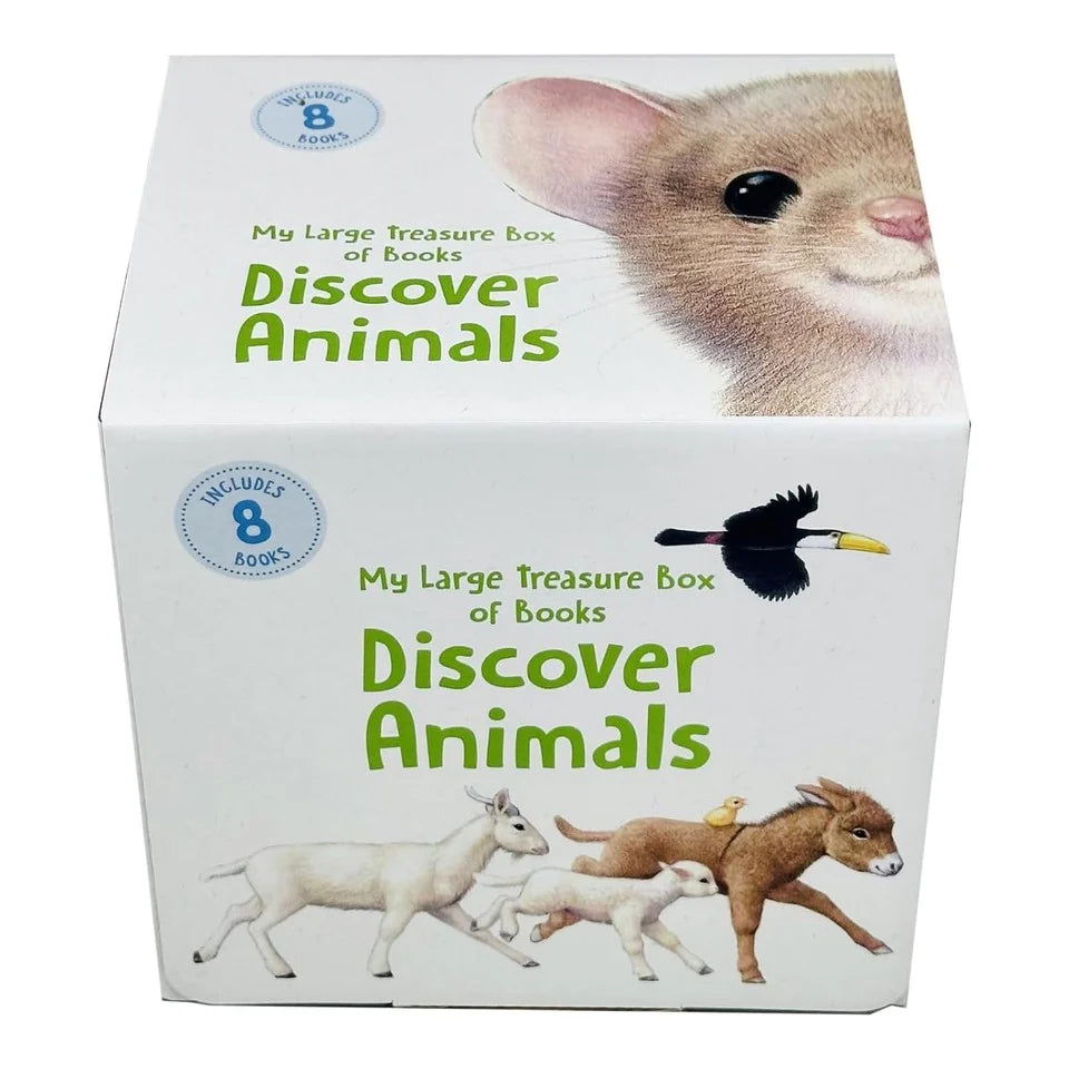 Discover Animals board book set showing At the Farm, At the Zoo and At Home titles for toddlers