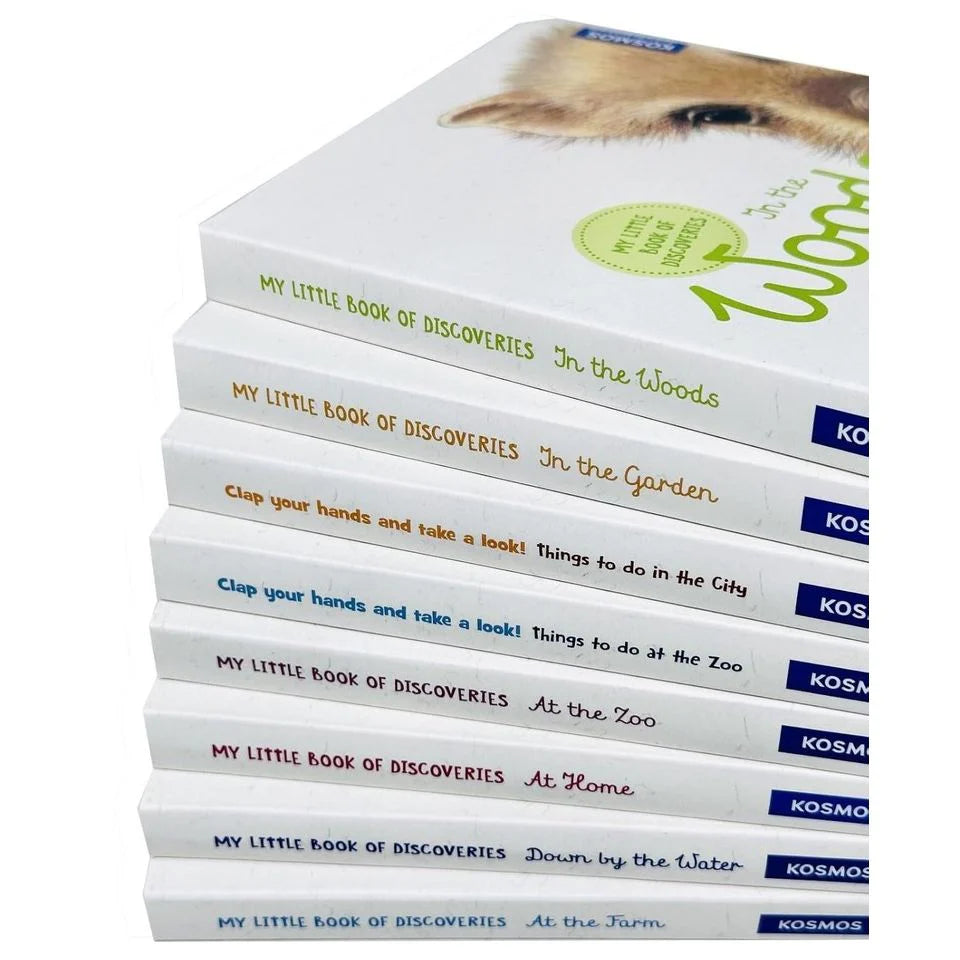 Discover Animals treasure box set contents laid out, 8 sturdy board books for toddlers
