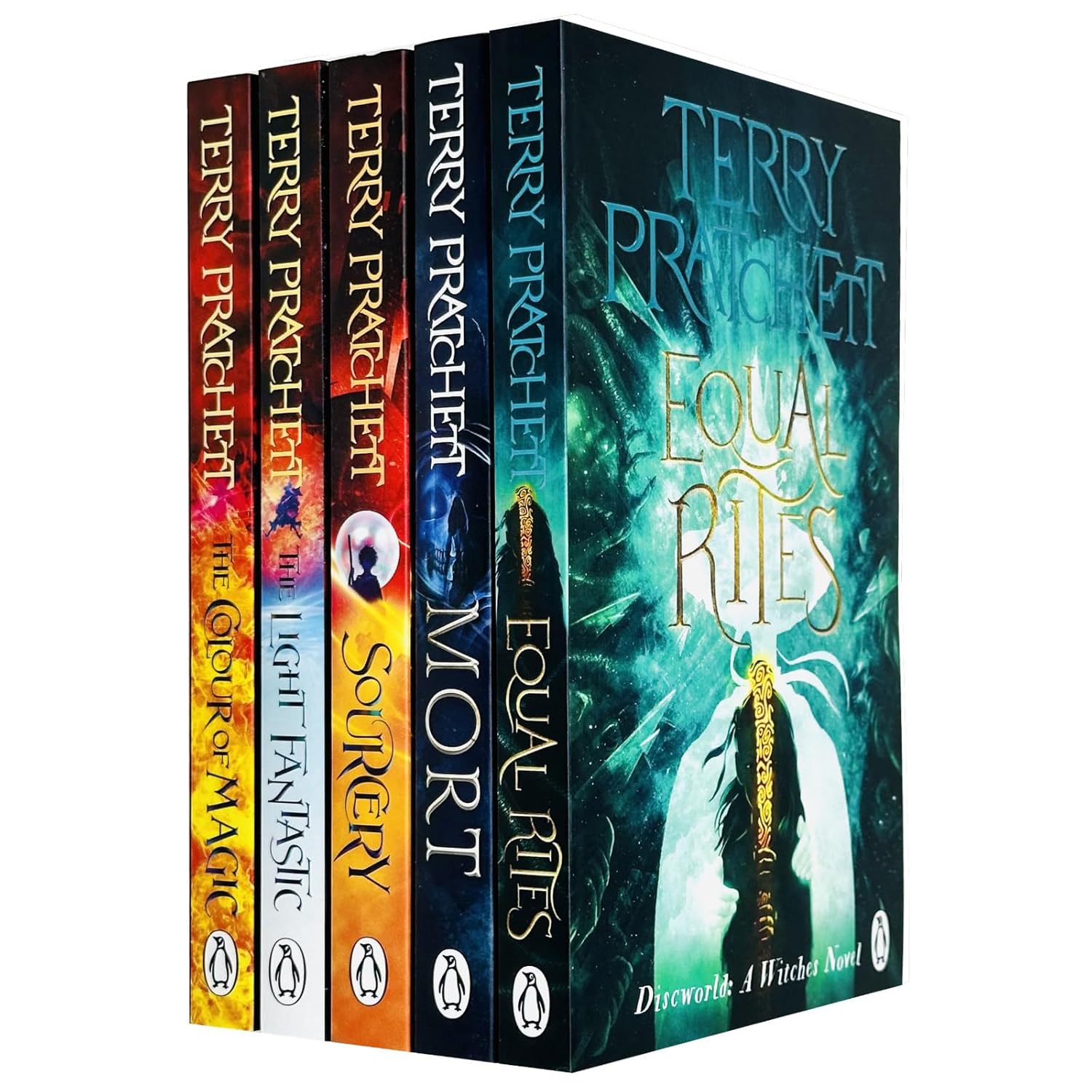 Terry Pratchett Discworld Novels Series 1-5 paperback collection set featuring The Colour Of Magic, The Light Fantastic, Equal Rites, Mort and Sourcery