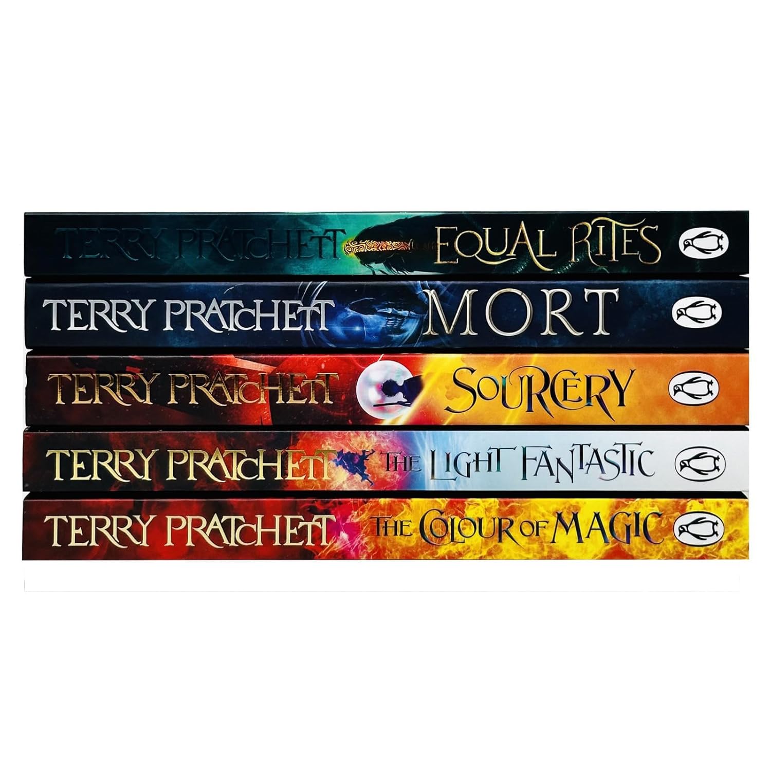 Front covers of the Terry Pratchett Discworld 5 book paperback collection set