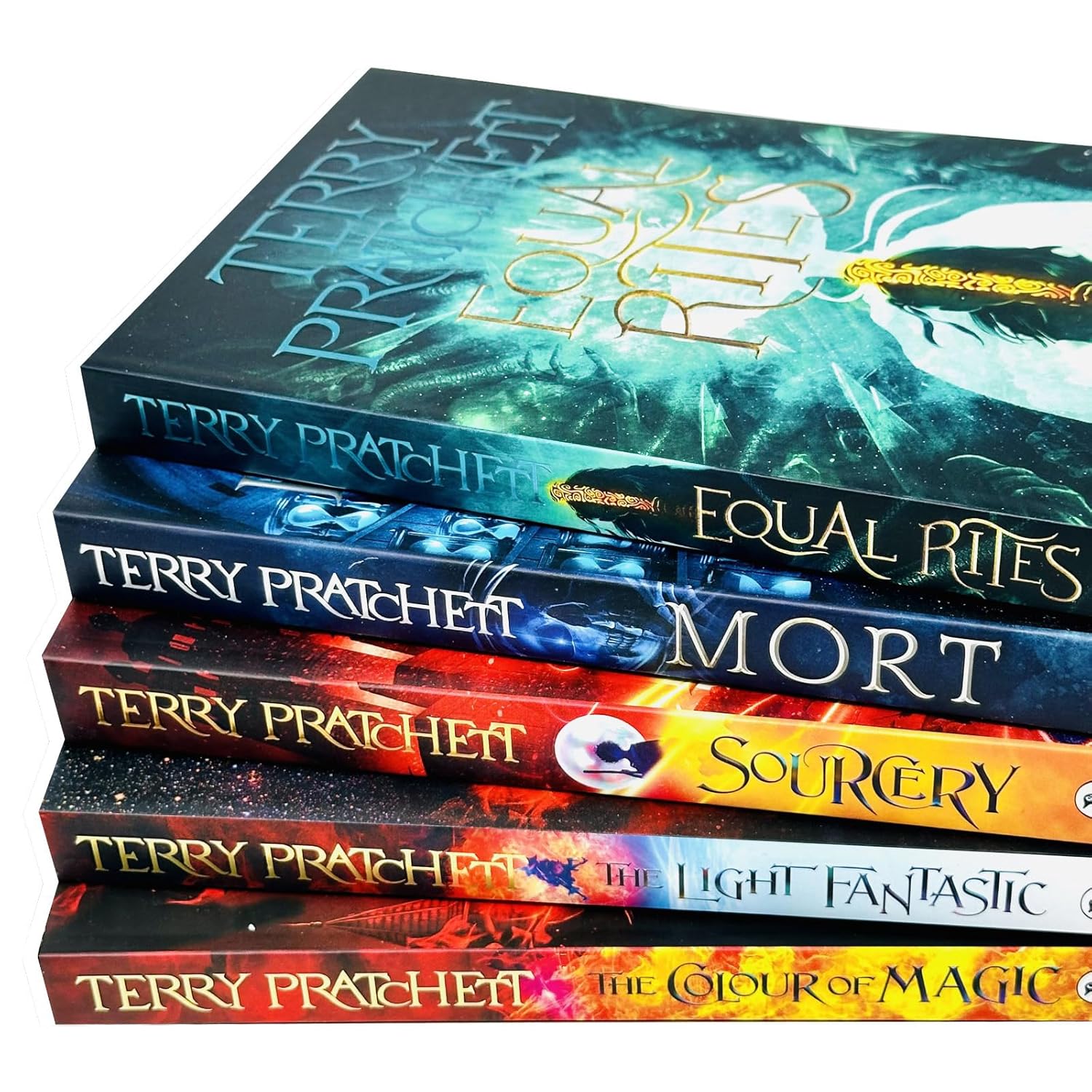 Terry Pratchett Discworld Novels Series 1-5 paperback set showing spines and titles