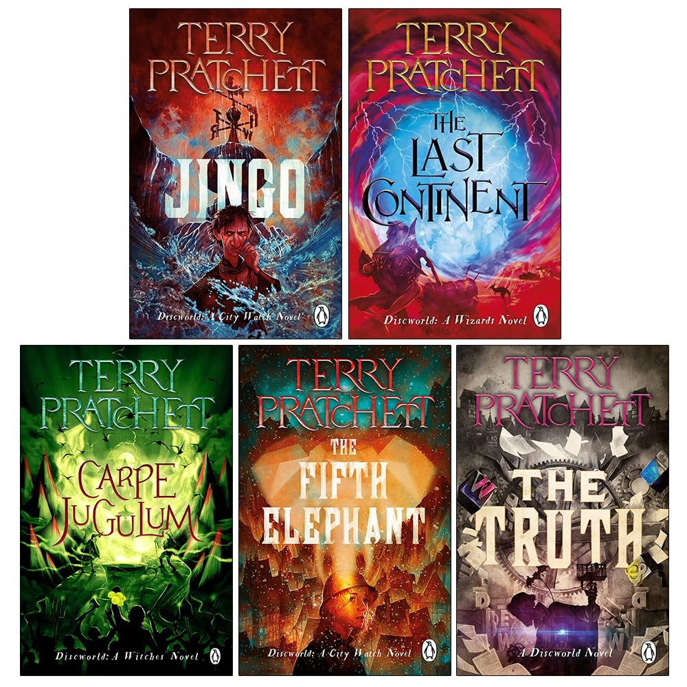 Back cover view of Terry Pratchett Discworld Series 5 paperback book set, five Discworld novels bundled together