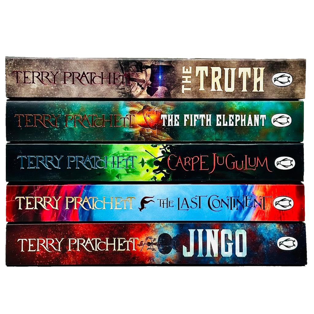 Paperback spines of Terry Pratchett's Discworld Series 5 five book collection set, adult comic fantasy novels