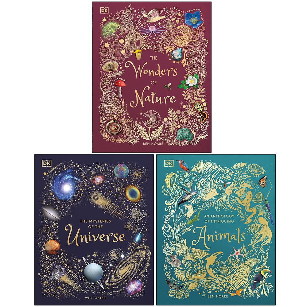 Hardback covers of The Wonders of Nature, The Mysteries of the Universe and An Anthology of Intriguing Animals by DK