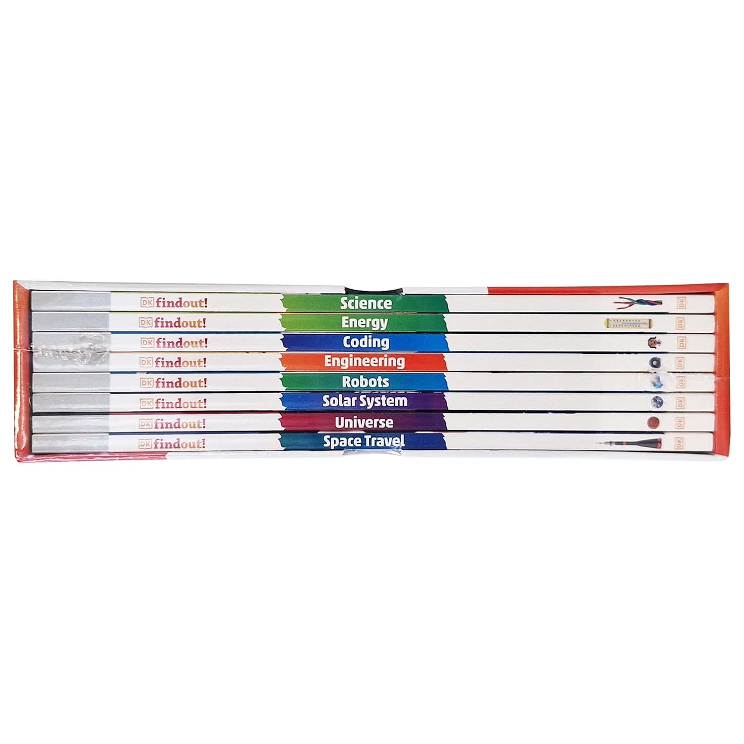 DKfindout! Science and Beyond 8 book paperback set shown with spines, including Solar System, Universe and Space Travel titles