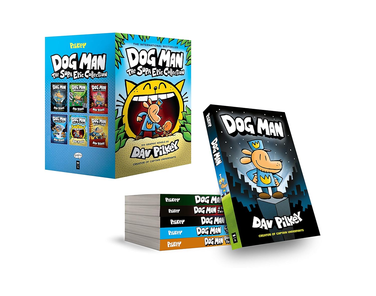 Close-up of Dog Man Supa Epic Collection hardback box set by Dav Pilkey, Scholastic children's graphic novels