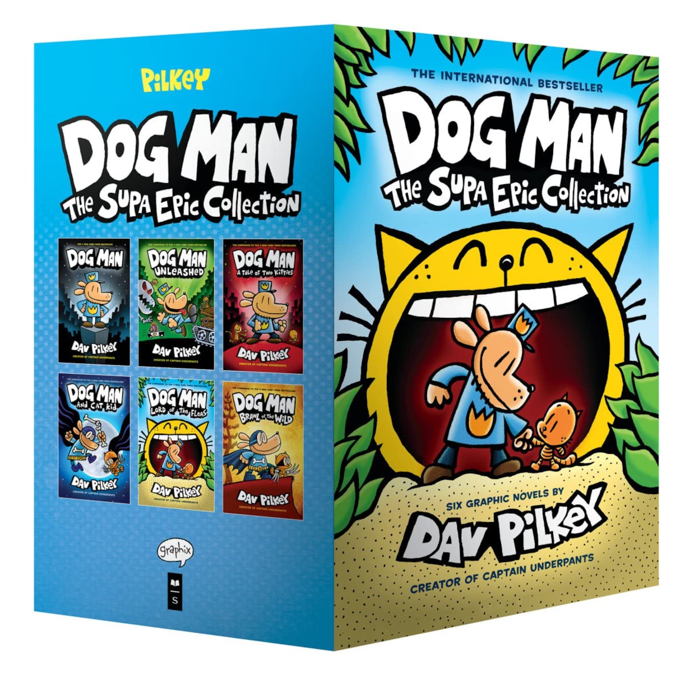 Dog Man Books 1-6 Supa Epic Collection set showing all six hardback graphic novel spines by Dav Pilkey