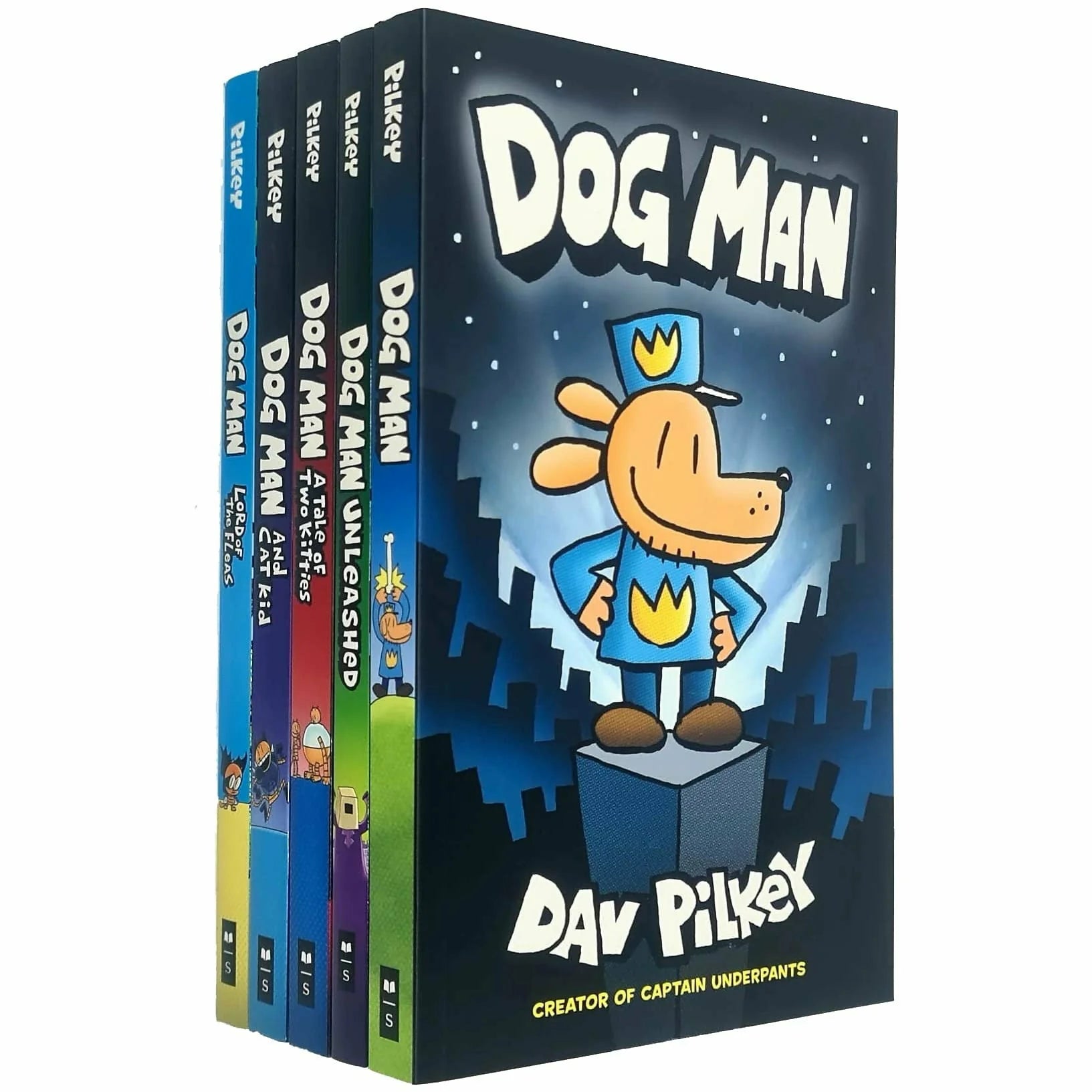 Dog Man 5 Books Collection Set (Books 1-5) by Dav Pilkey - Dog Man, Dog Man Unleashed, A Tale of Two Kitties, Dog Man and Cat Kid, Lord of the Fleas - paperback graphic novels for ages 7-9