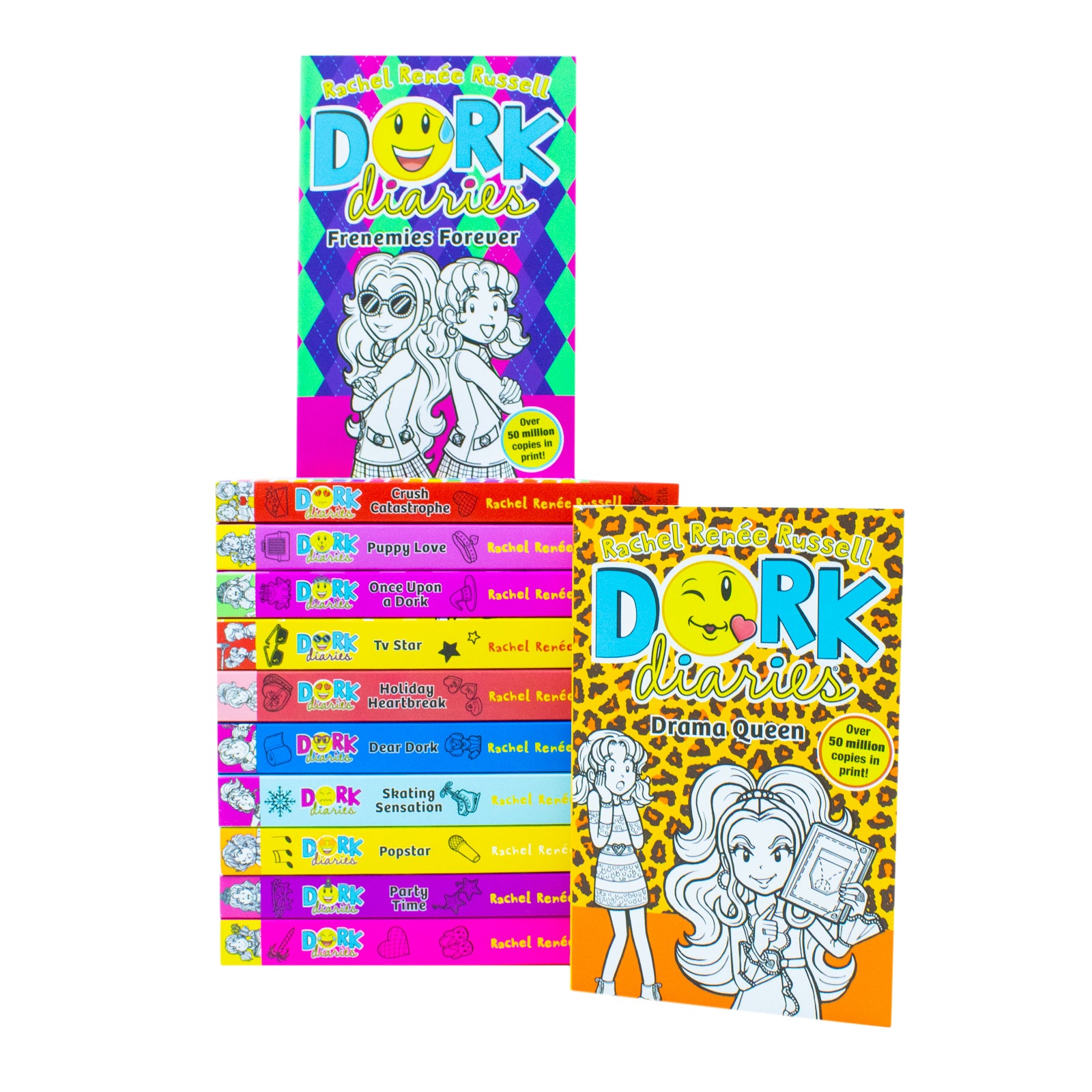 Close-up of the Dork Diaries 12 book paperback collection set by Rachel Renée Russell for ages 9-12