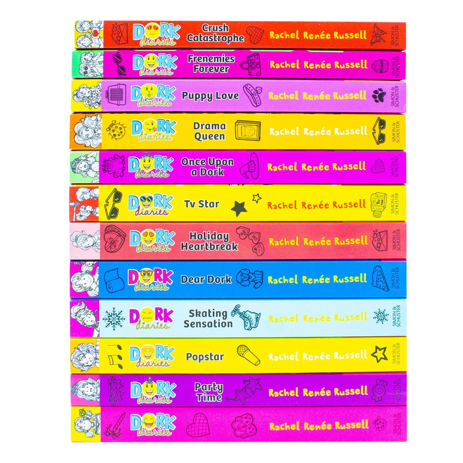 Dork Diaries paperback collection set covers by Rachel Renée Russell, including Party Time and Pop Star, ages 9-12