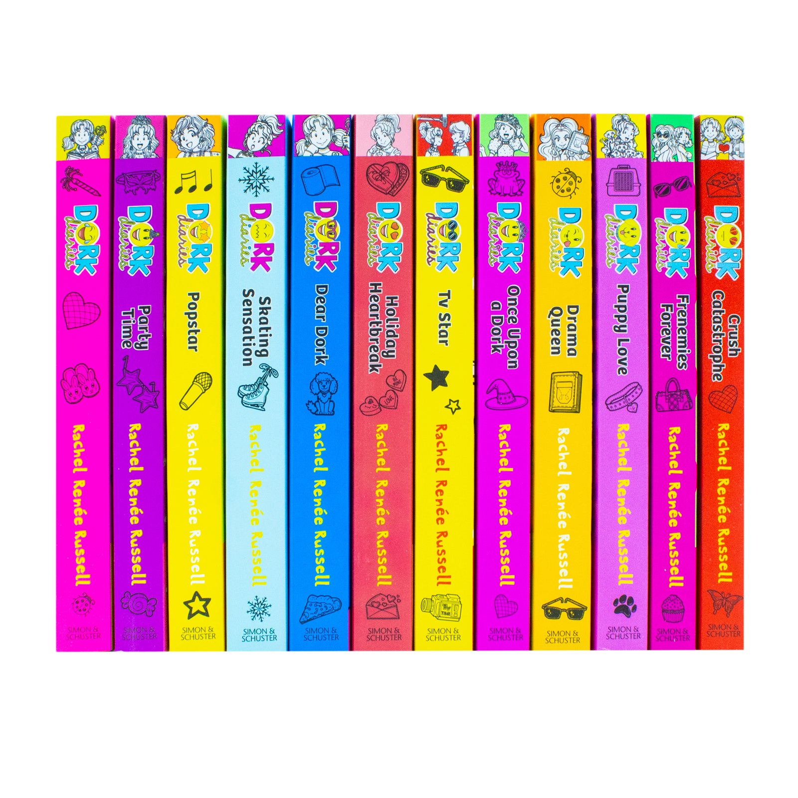 Full spread of the Dork Diaries 12 books collection paperback set by Rachel Renée Russell