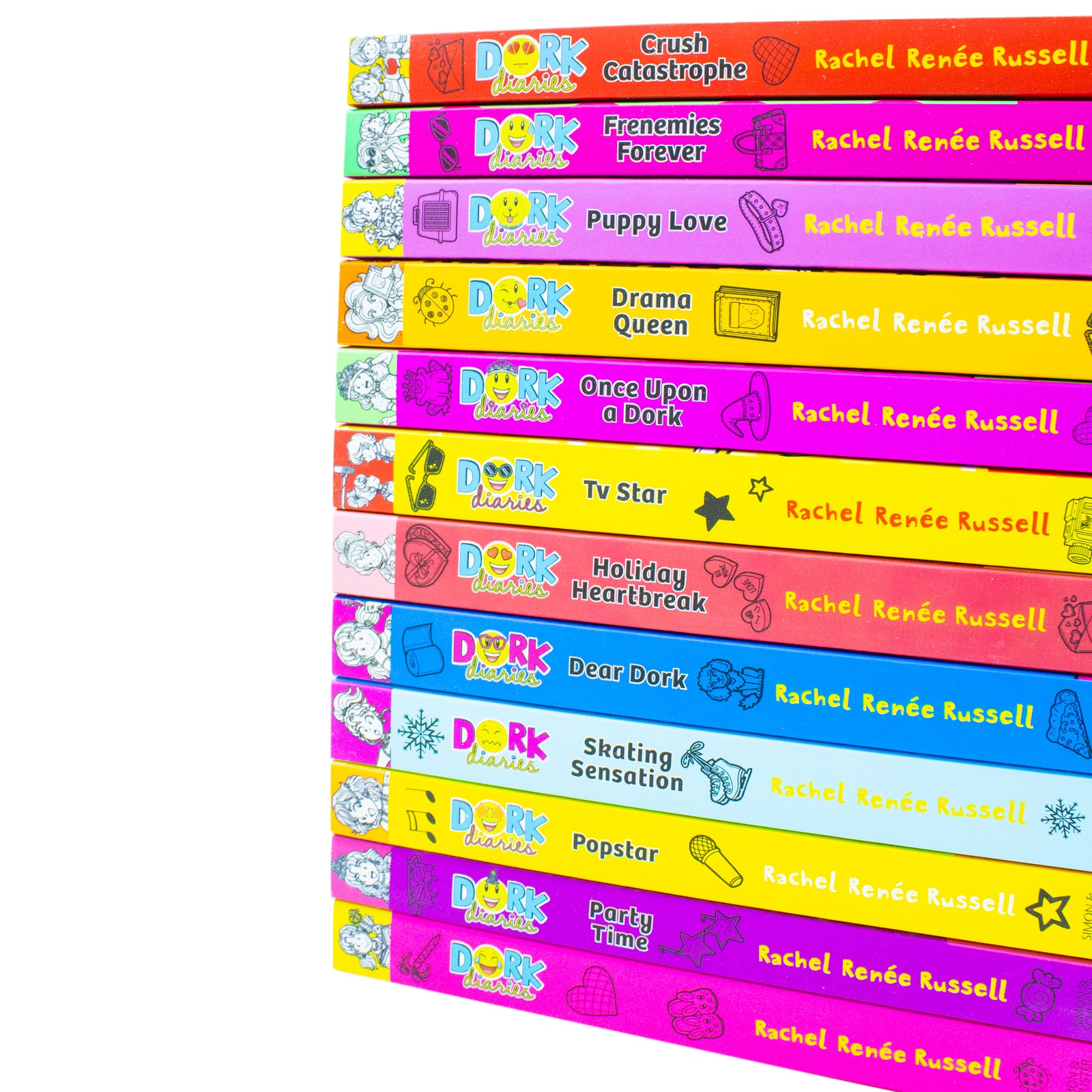 Dork Diaries book set spines showing all 12 paperback titles by Rachel Renée Russell