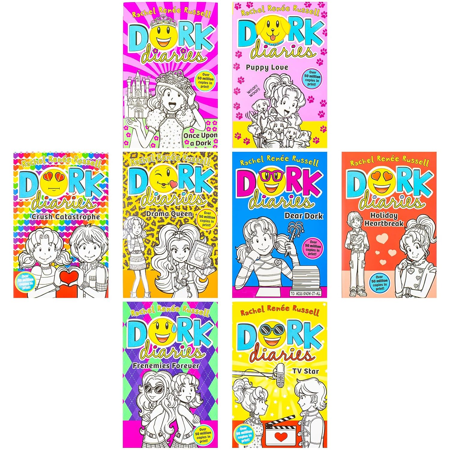 Dork Diaries 8-book paperback collection cover, Rachel Renée Russell diary-style fiction