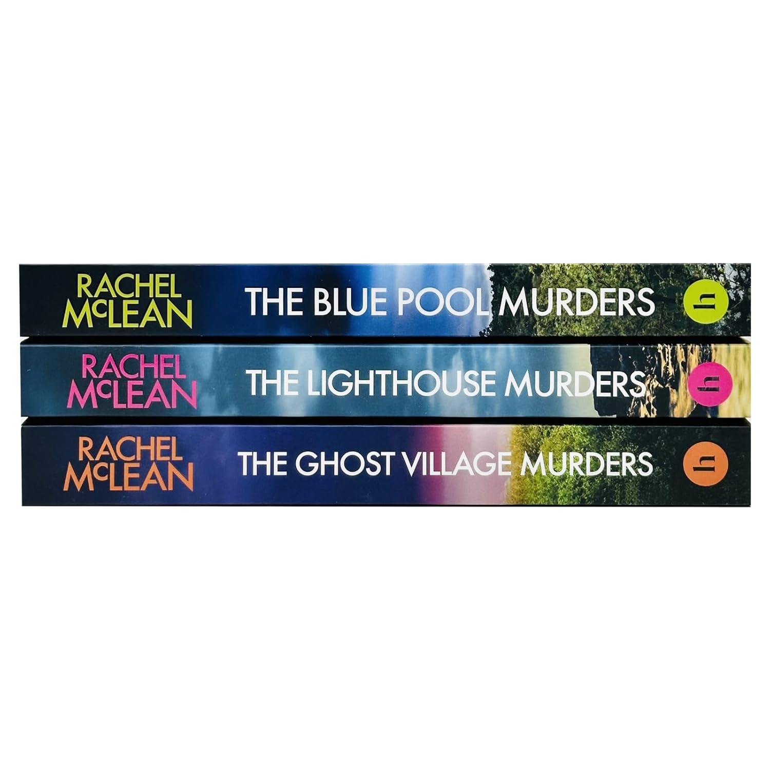 The Blue Pool Murders, The Lighthouse Murders and The Ghost Village Murders paperback covers