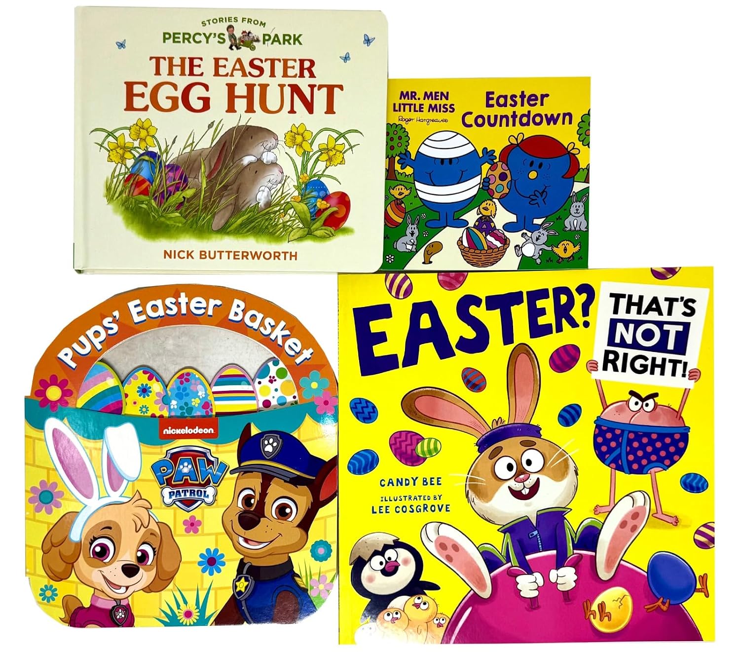 Easter 4 Books Collection Set featuring PAW Patrol, Percy the Park Keeper and Mr Men Little Miss, mixed paperback and board book, ages 0-7