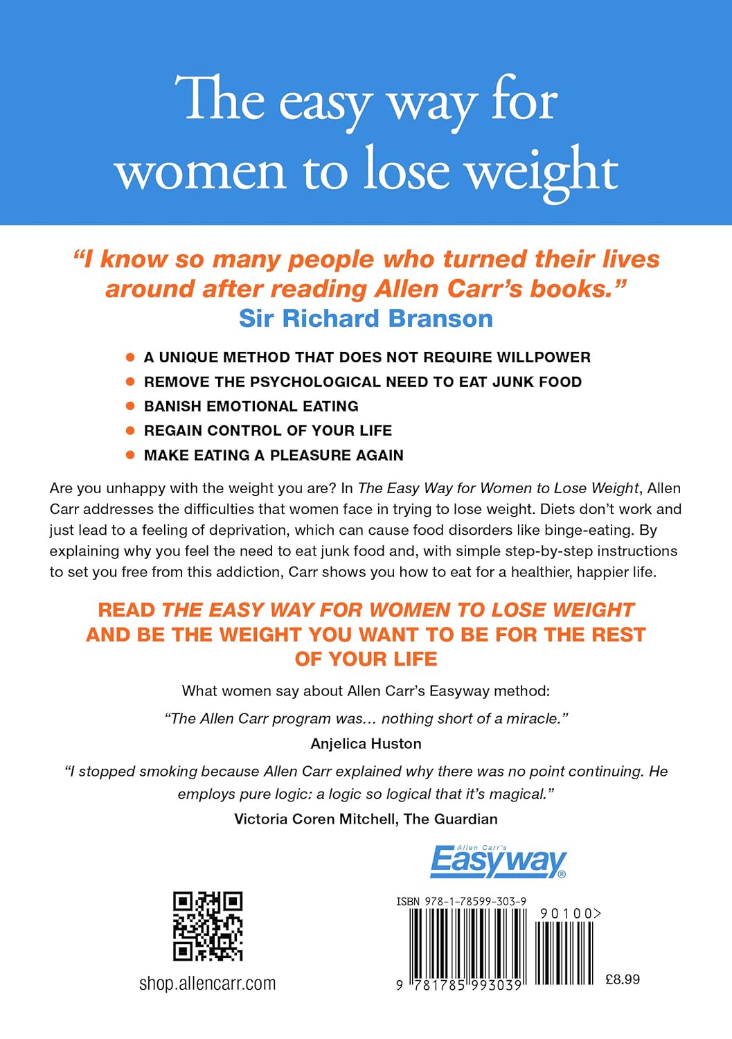 The Easy Way for Women to Lose Weight by Allen Carr - Paperback back cover, Arcturus Easyway self help book