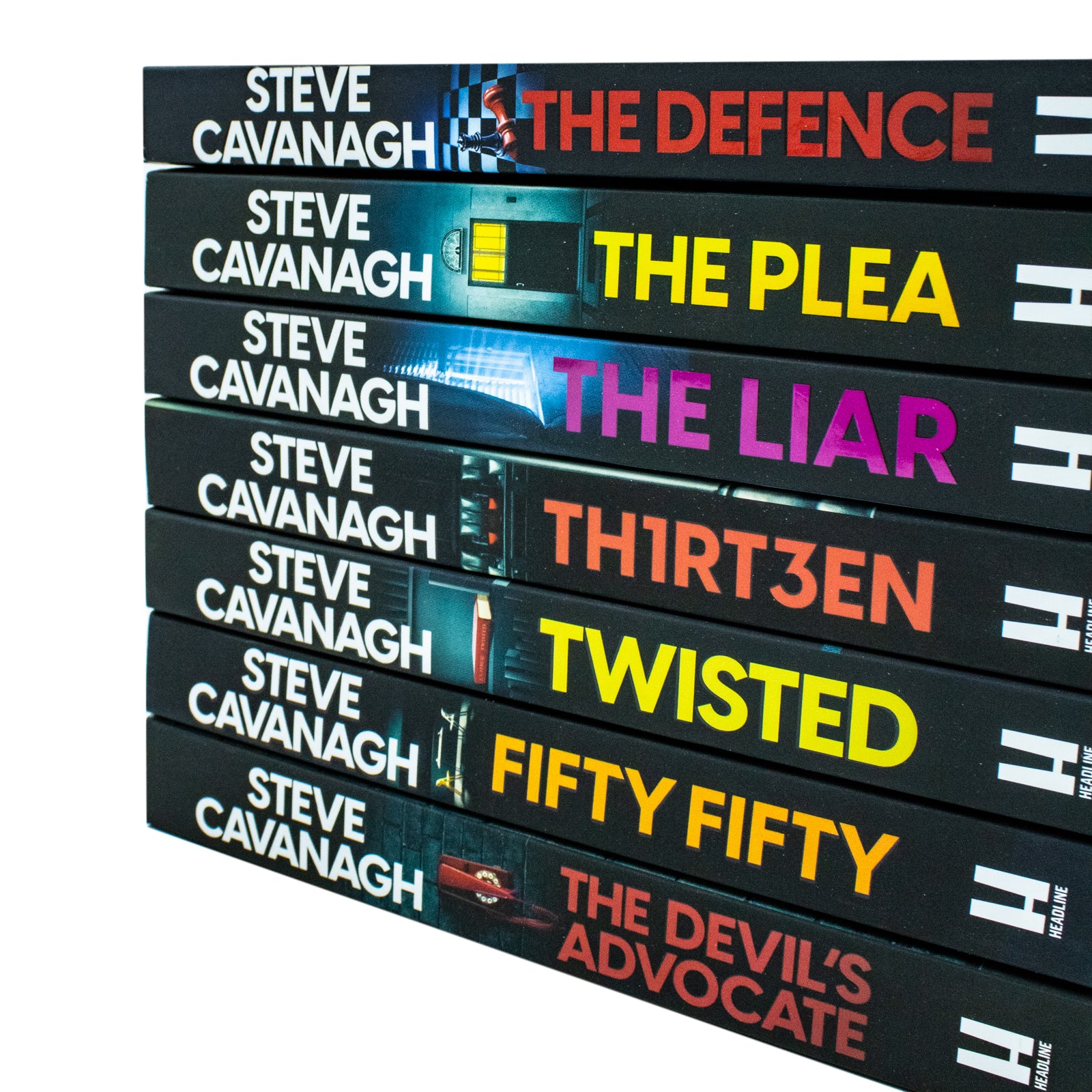 Stacked paperback covers from the Eddie Flynn series and Twisted by Steve Cavanagh, 7 book collection set