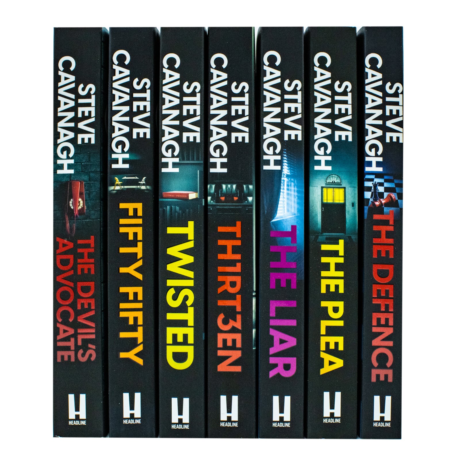 Steve Cavanagh Eddie Flynn 7 book paperback set showing The Defence, The Plea, The Liar and Fifty-Fifty covers