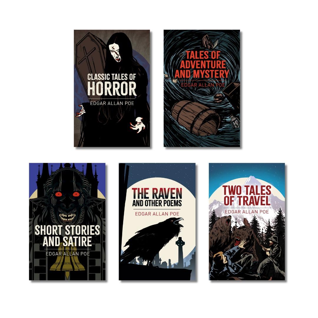 Spines of the five paperback volumes in The Edgar Allan Poe Collection boxed set