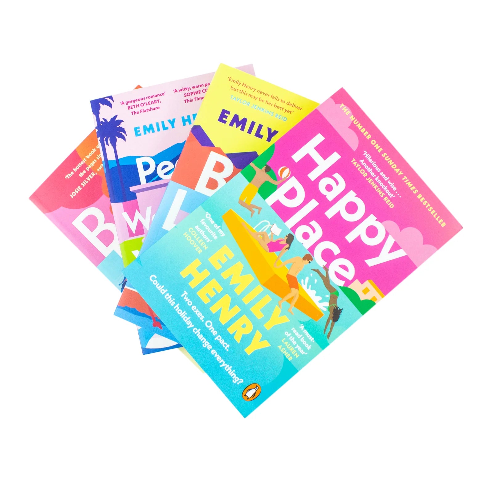 Emily Henry 4 Book Collection Set paperback books spread - Book Lovers, Beach Read, People We Meet on Vacation, Happy Place