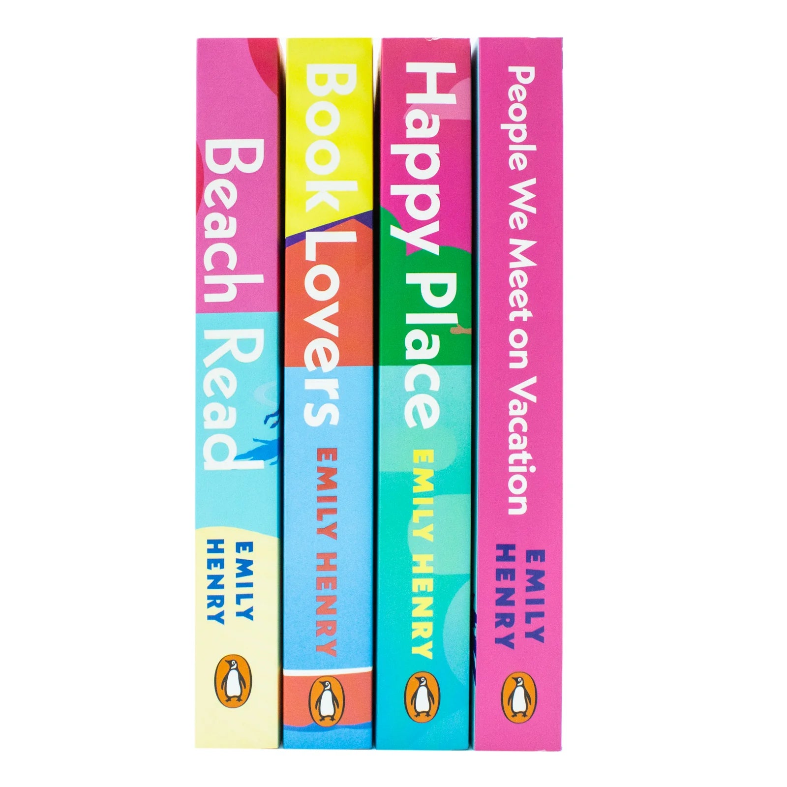 Emily Henry 4 Book Collection Set paperback covers close up - Book Lovers, Beach Read, People We Meet on Vacation, Happy Place