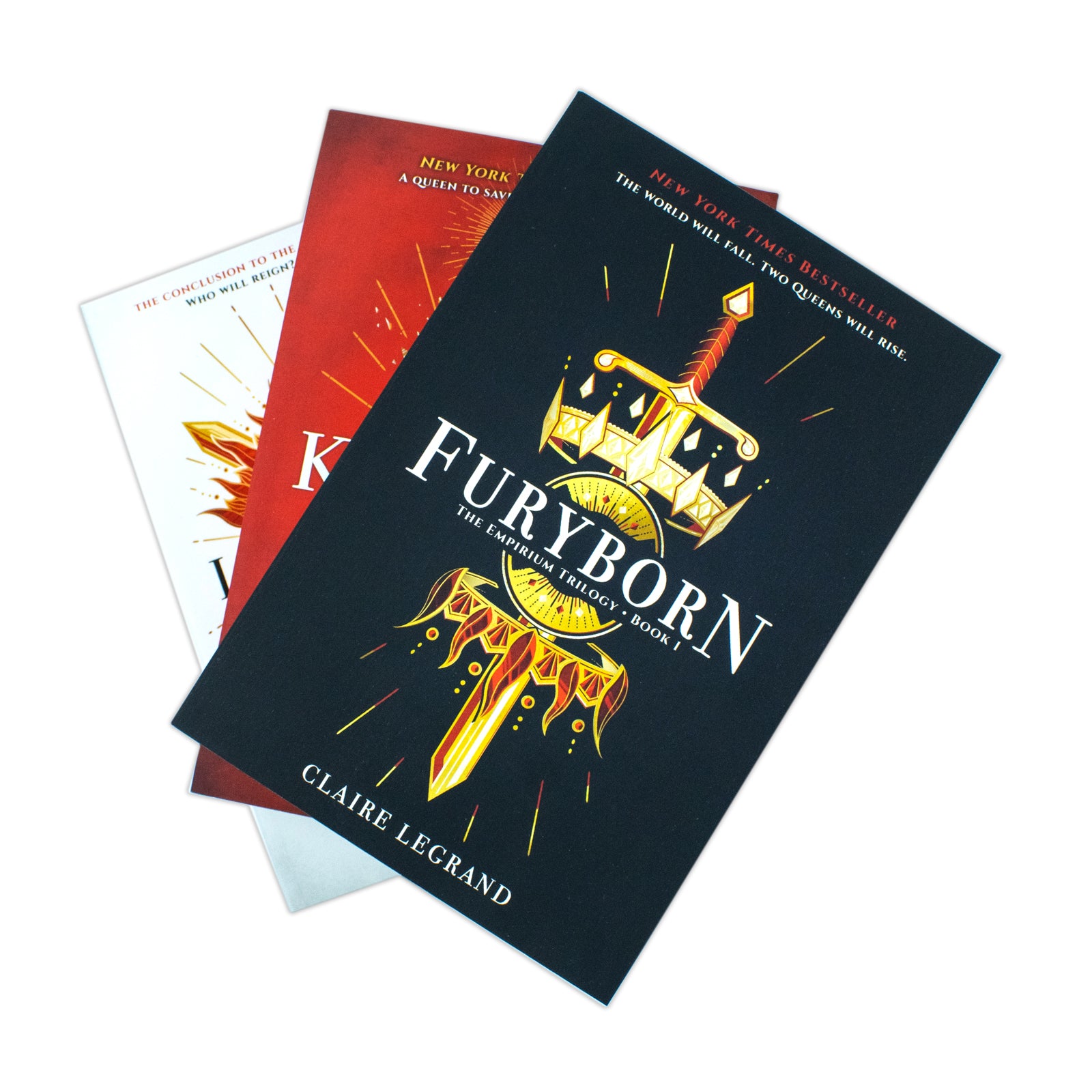 Paperback covers of Furyborn, Kingsbane and Lightbringer from the Empirium Trilogy by Claire Legrand