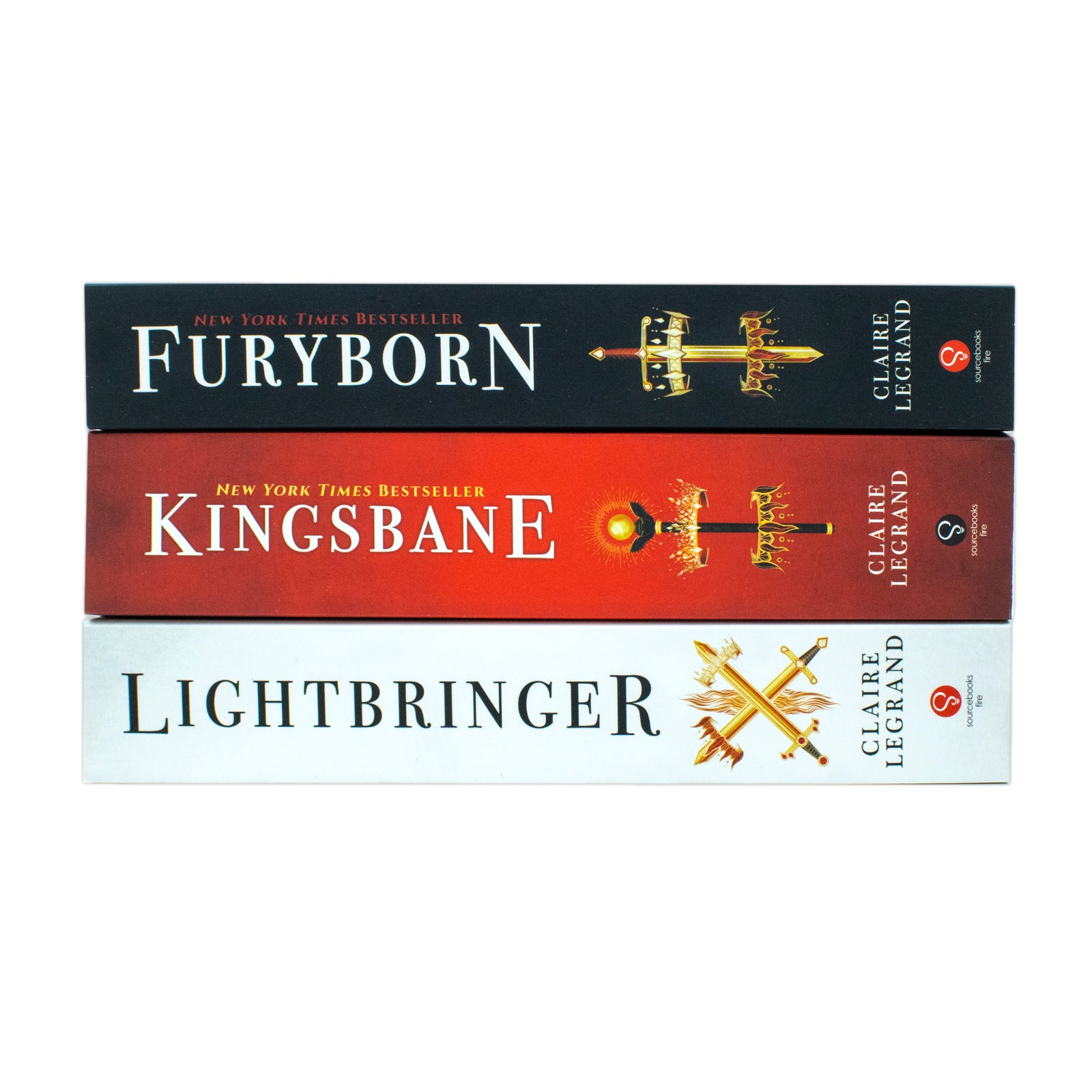 Furyborn, Kingsbane and Lightbringer paperback books stacked together, Empirium Trilogy by Claire Legrand