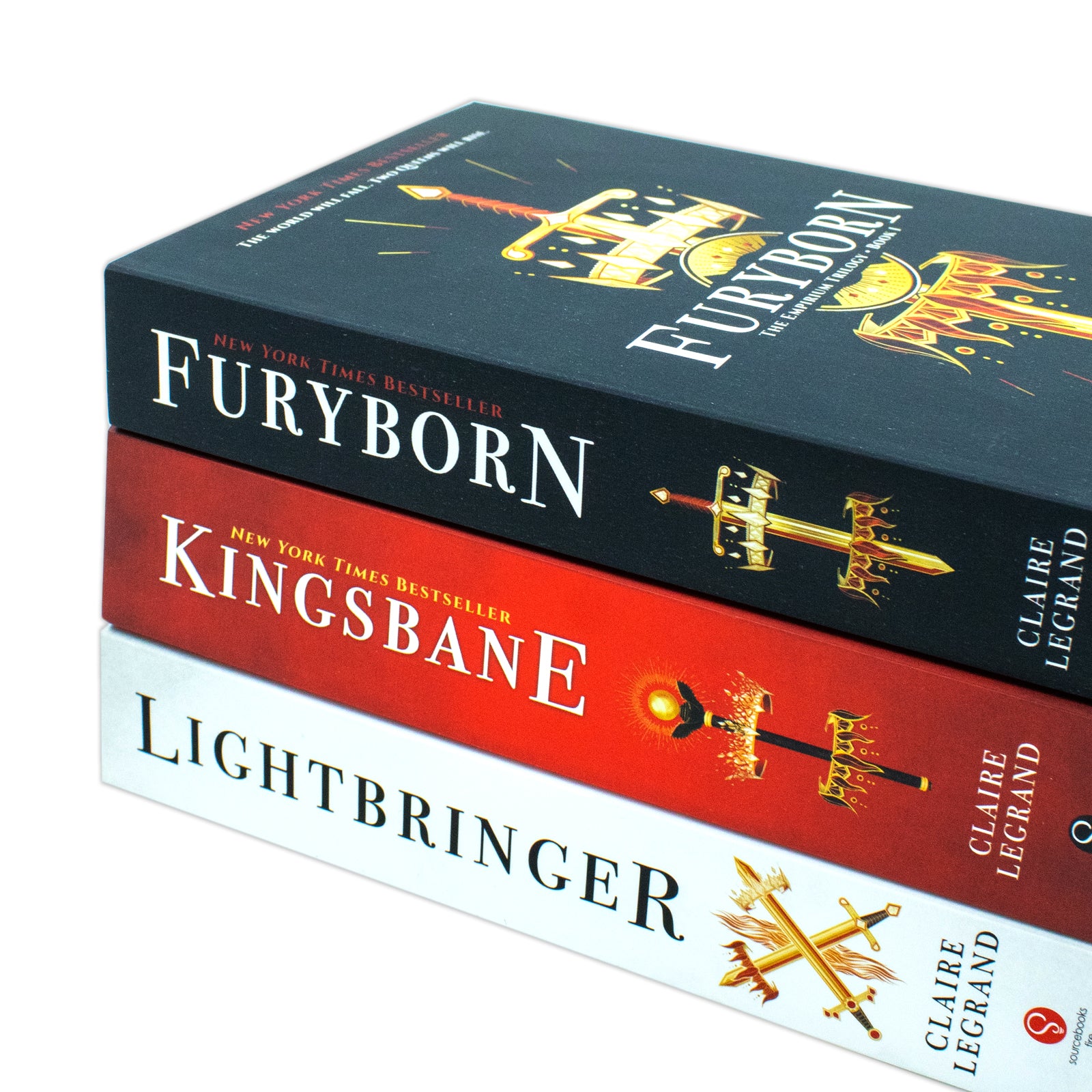 Close up of Empirium Trilogy paperback book set by Claire Legrand showing Furyborn, Kingsbane and Lightbringer