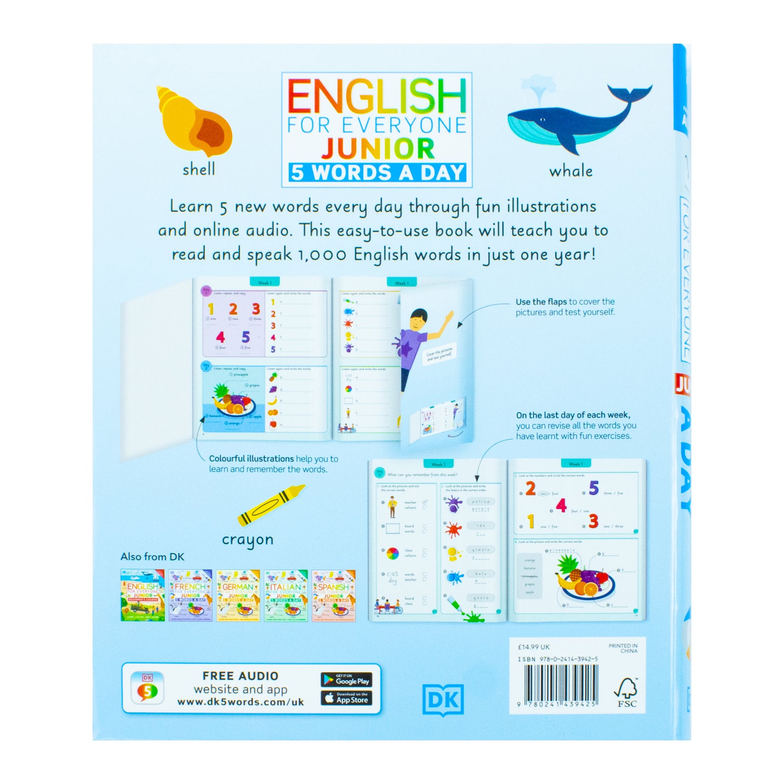 English for Everyone Junior 5 Words a Day by DK - inside pages showing illustrated vocabulary themes