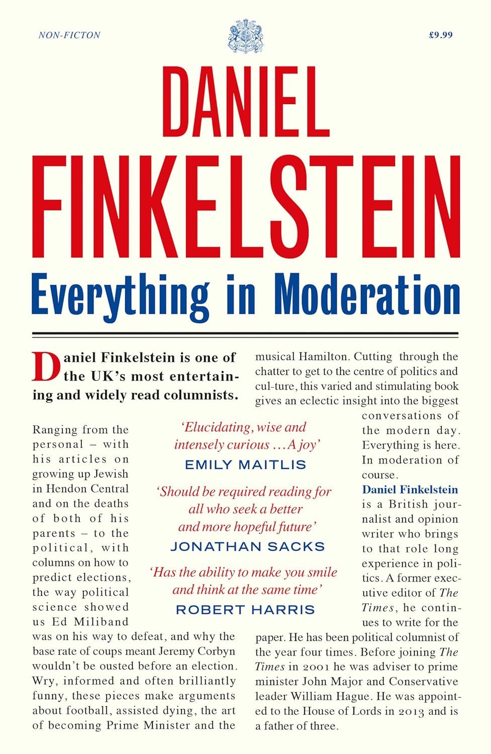 Everything in Moderation by Daniel Finkelstein - Paperback book cover - Times columns collection