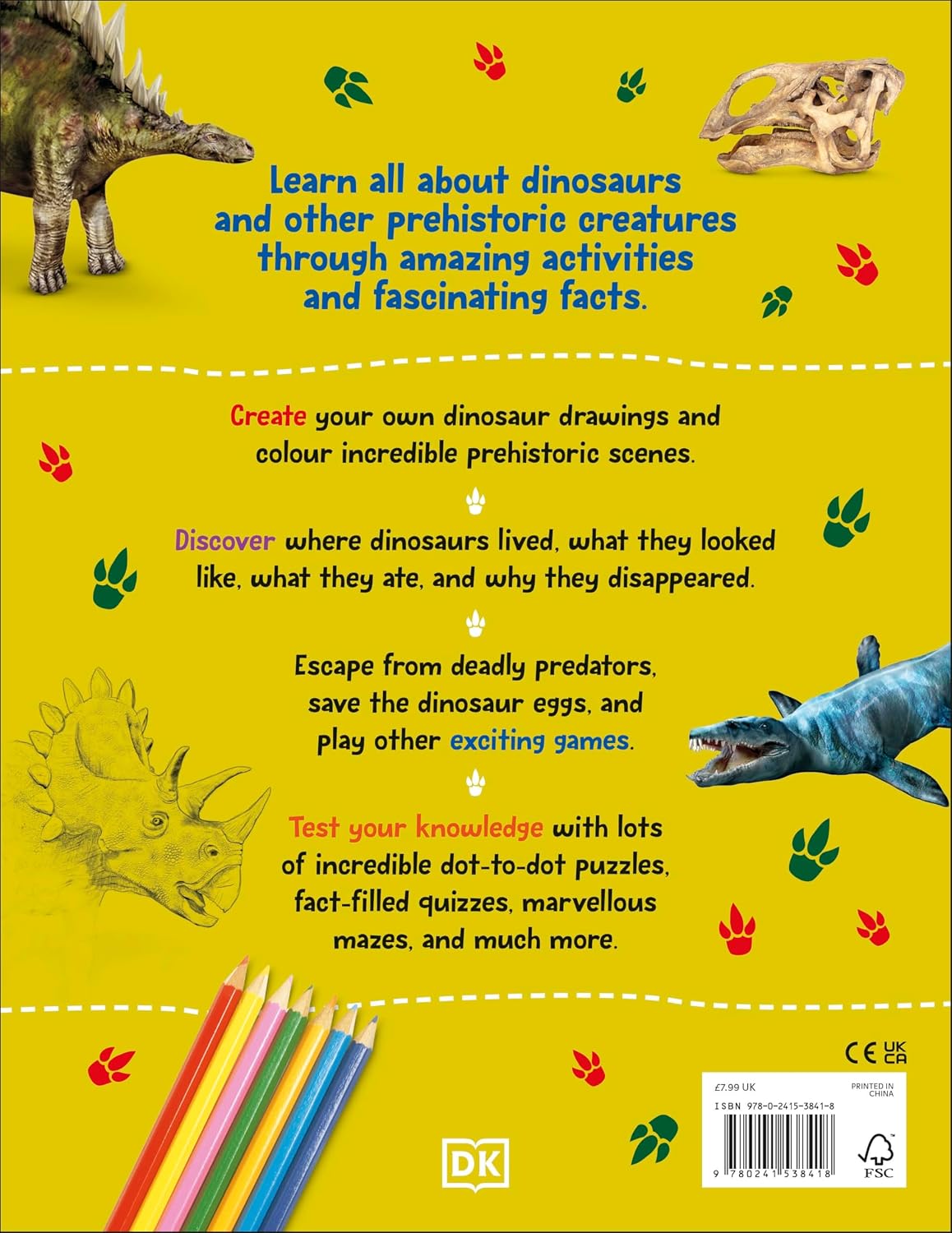 Back cover of The Fact-Packed Activity Book: Dinosaurs by DK, paperback activity book for kids