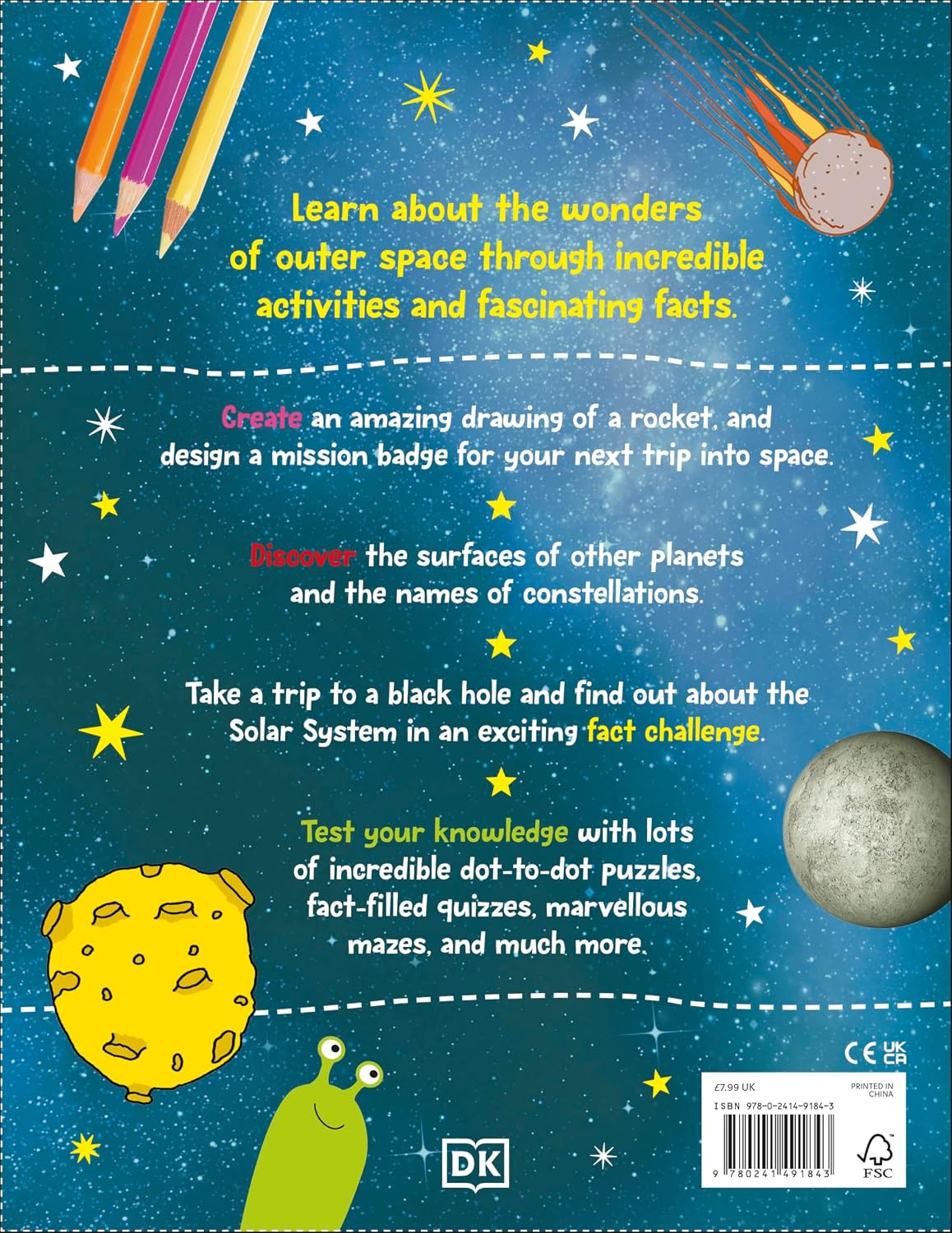 Back cover of The Fact-Packed Activity Book: Space by DK showing activities and puzzles