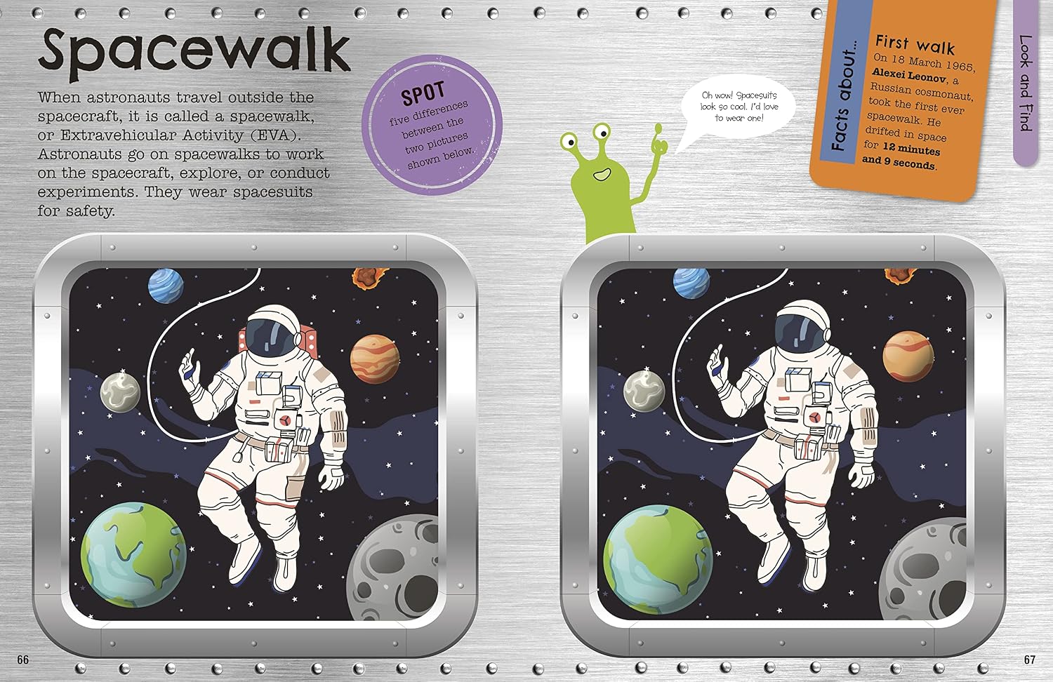 Inside pages of The Fact-Packed Activity Book: Space showing colourful illustrations and puzzles