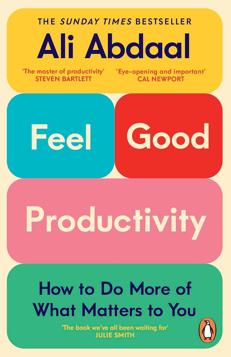 Feel-Good Productivity by Ali Abdaal - paperback book back cover with reviews and blurb