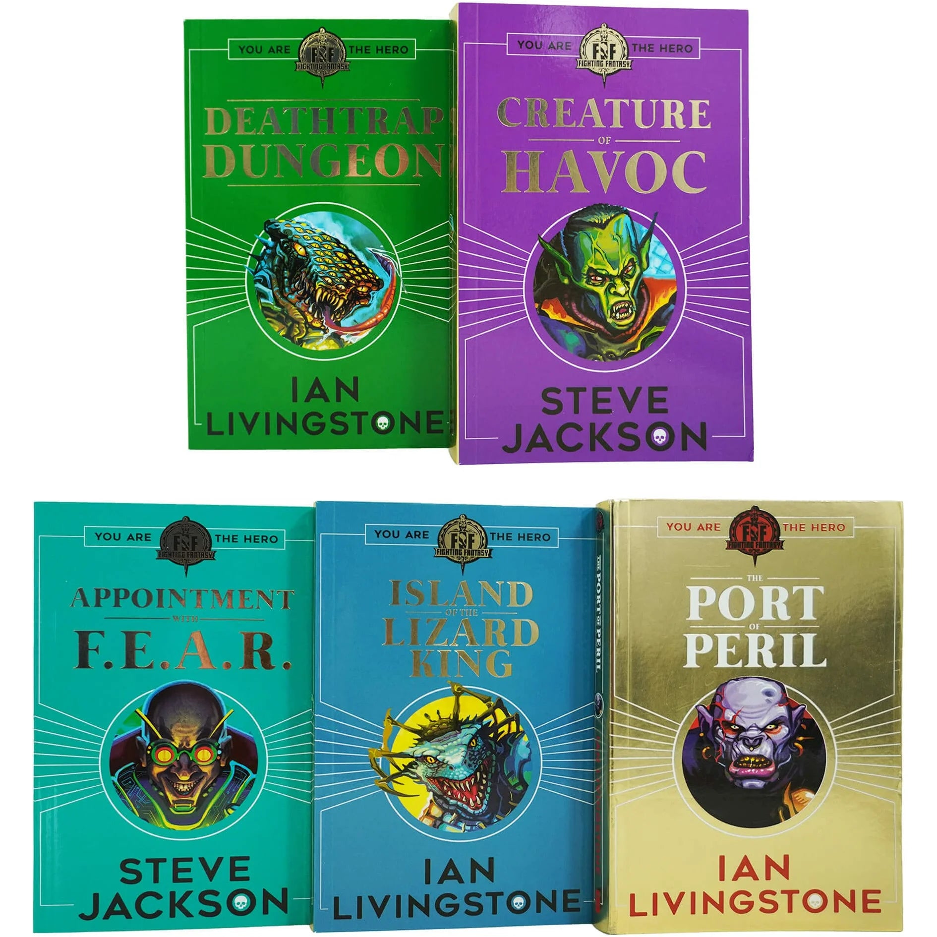 Fighting Fantasy 5 Book Collection Set by Ian Livingstone including The Port of Peril, Deathtrap Dungeon, Creature of Havoc, Appointment With F.E.A.R. and Island of the Lizard King - brand new paperback gamebooks