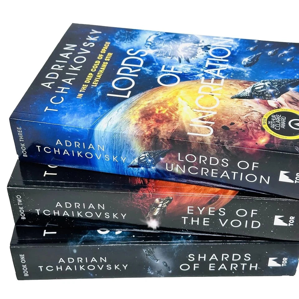 Paperback covers of Shards of Earth, Eyes of the Void and Lords of Uncreation by Adrian Tchaikovsky