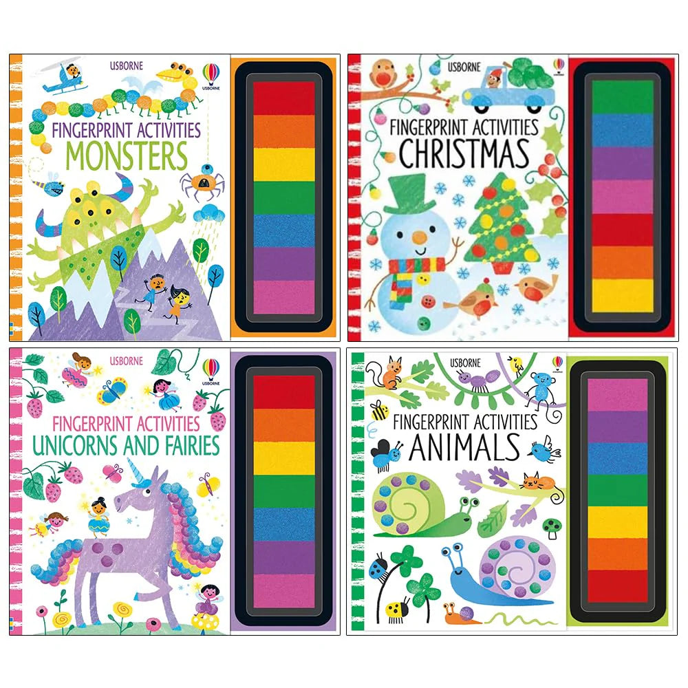 Fingerprint Activities Series 2 Collection - 4 paperback books by Fiona Watt including Monsters, Christmas, Unicorns and Fairies, and Animals, ages 3-7