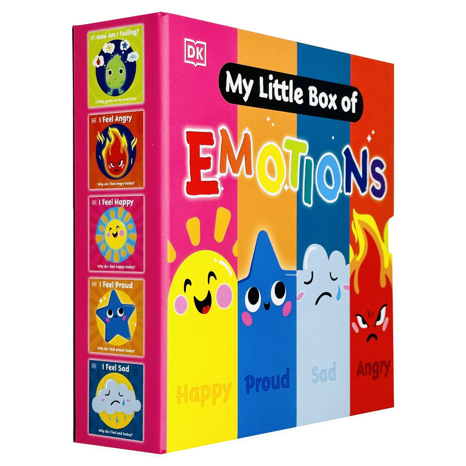 First Emotions My Little Box of Emotions board book set showing I Feel Happy, I Feel Sad, I Feel Angry and I Feel Proud