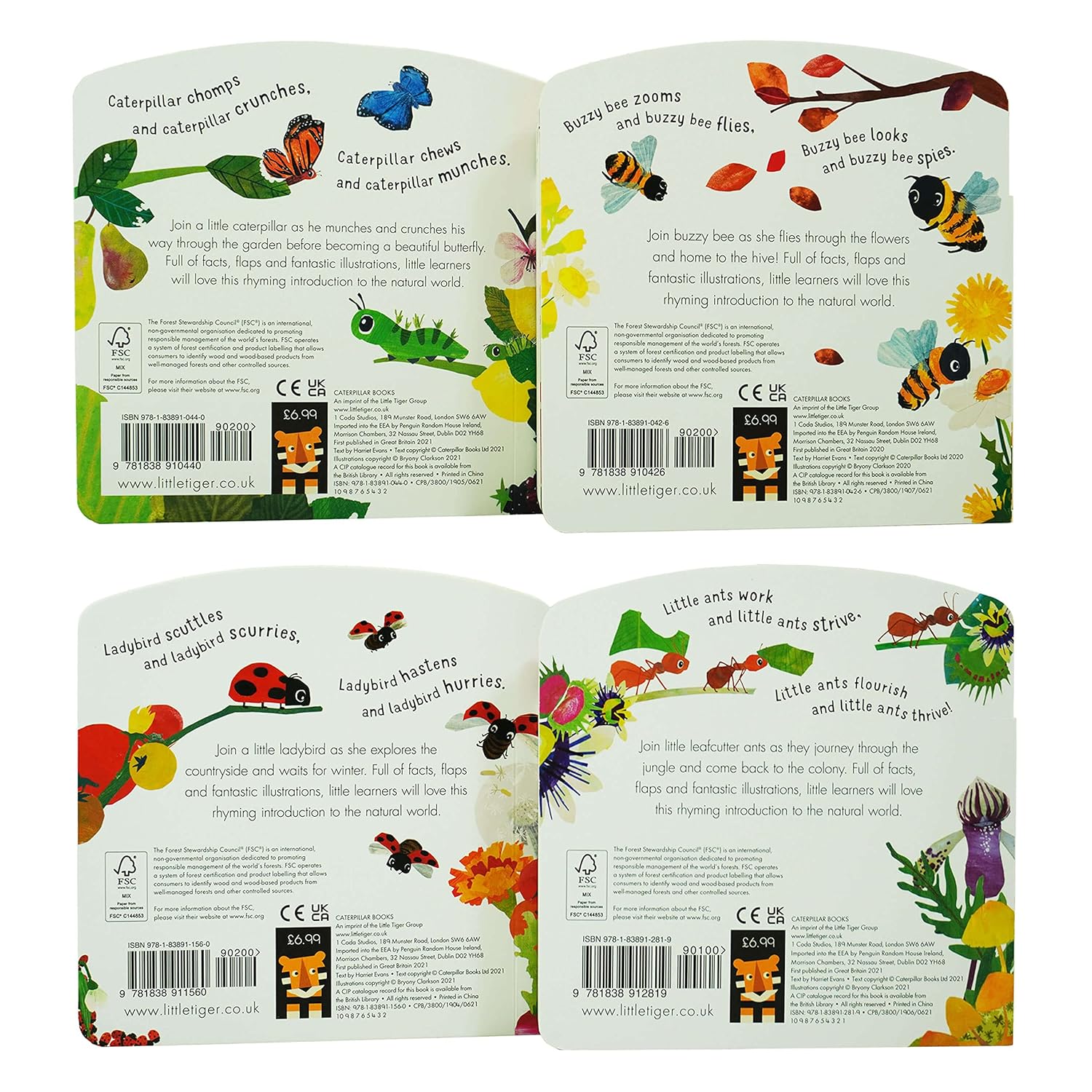 Inside pages of First Nature lift-the-flap board books showing rhyming text and illustrations